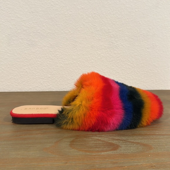 Bamboo multicolored rainbow furry (vegan) hard bottomed slides/mules size 10 - Picture 2 of 11